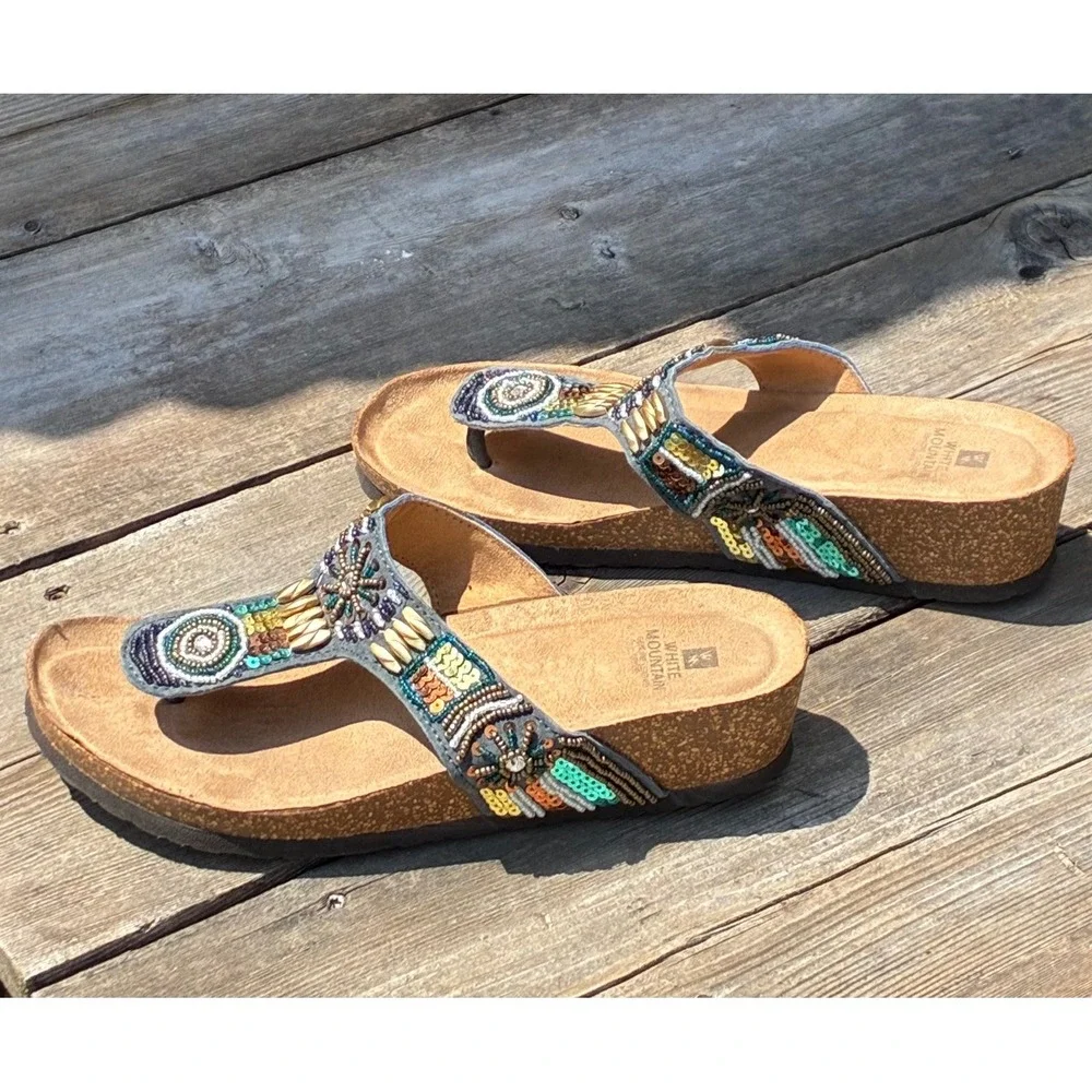 White Mountain Bluebell Beaded Wedge Sandals Womens 9 Boho Cork Footbed Flip